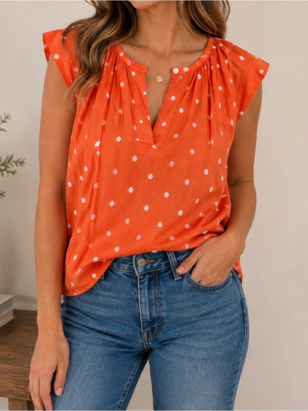 Ann Taylor LOFT Embroidered Dot Flutter Sleeve Popover Shirt Orange Small